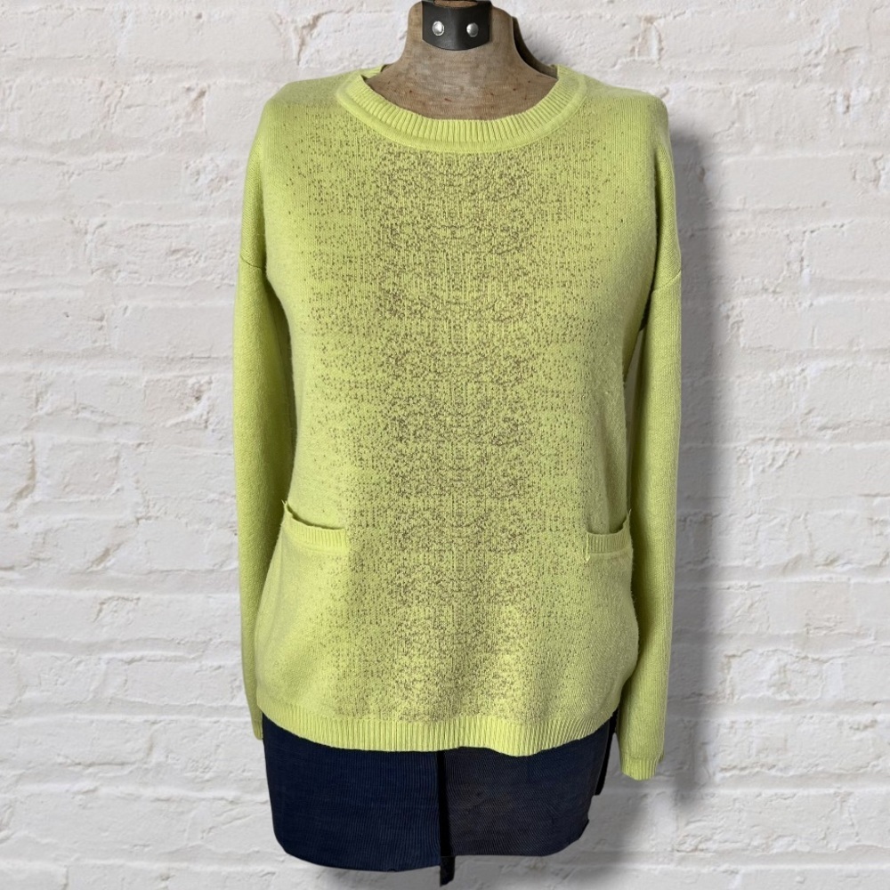 Parkhurst Lime Green Gold Speckled Crew Neck Front Pockets Wool Blend Sweater